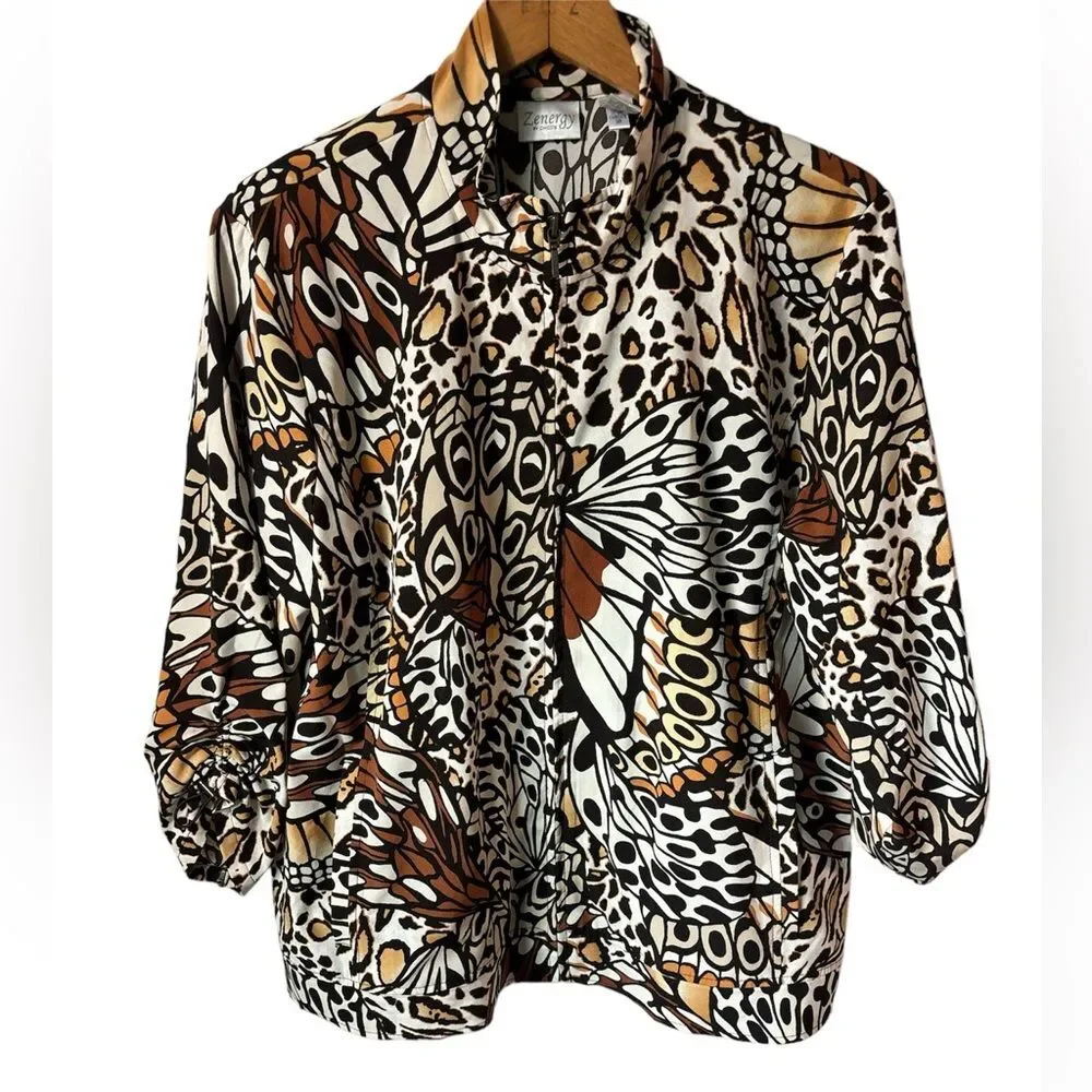 Zenergy by Chicos graphic Animal Print & Butterflies Women's Jacket size 2